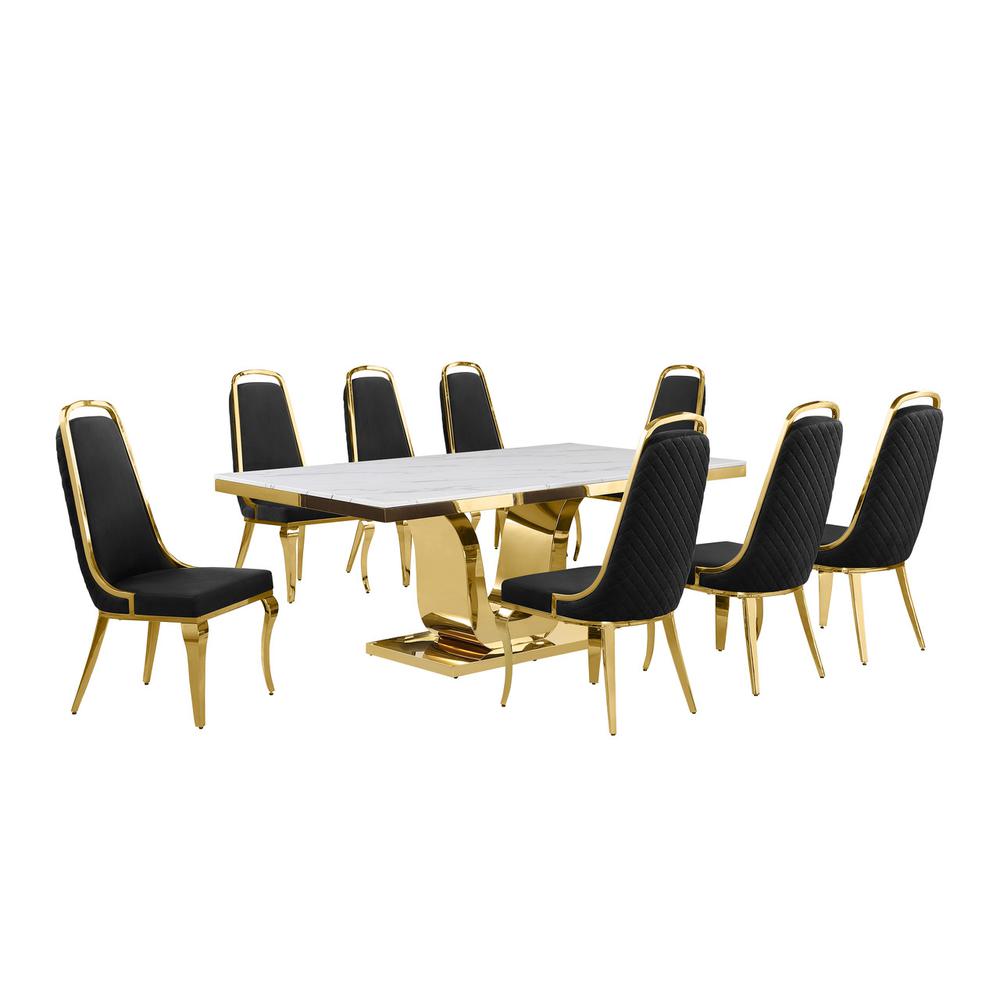 9pc Large(78") marble top dining set with gold base and 8 Black side chairs. Picture 1