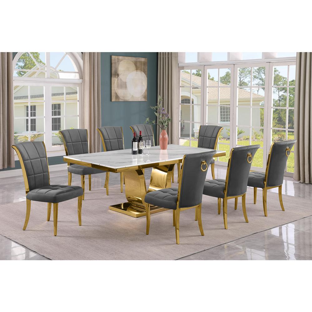 9pc Large(78") marble top dining set with gold base and 8 Dark grey side chairs. Picture 5
