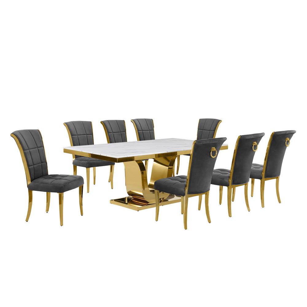 9pc Large(78") marble top dining set with gold base and 8 Dark grey side chairs. Picture 1