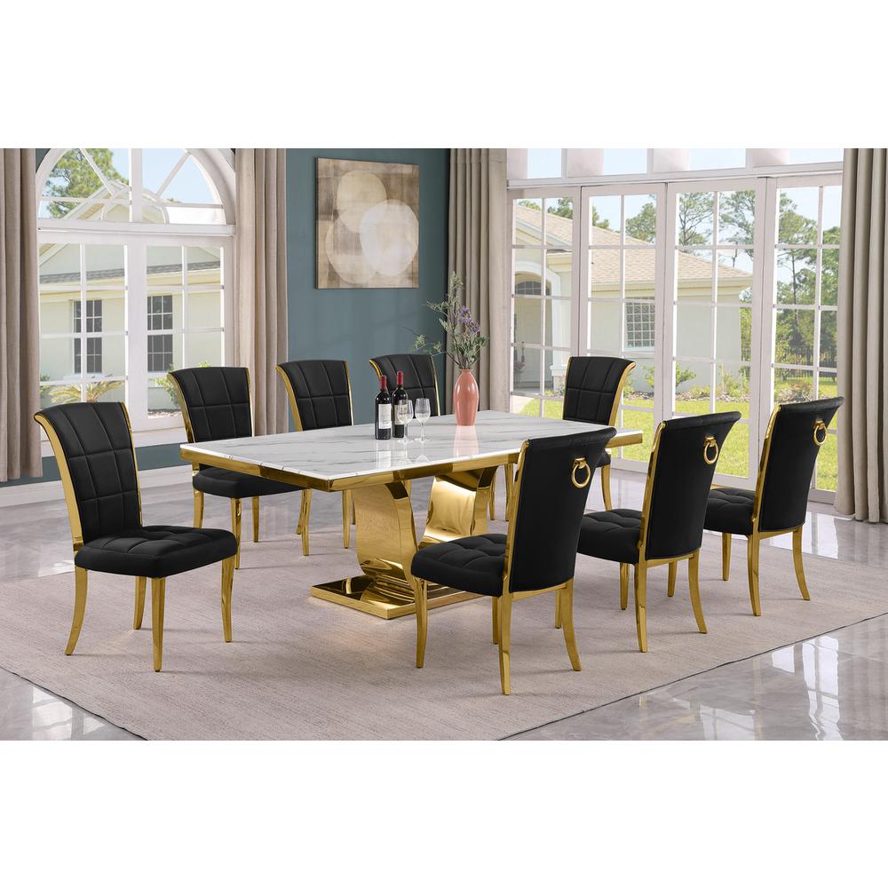 9pc Large(78") marble top dining set with gold base and 8 Black side chairs. Picture 5