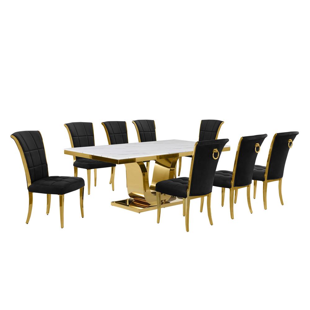 9pc Large(78") marble top dining set with gold base and 8 Black side chairs. Picture 1