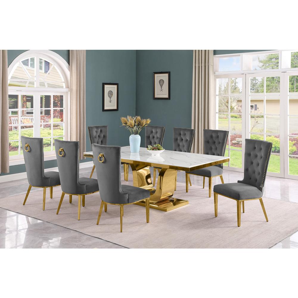 9pc Large(78") marble top dining set with gold base and 8 Dark grey side chairs. Picture 5