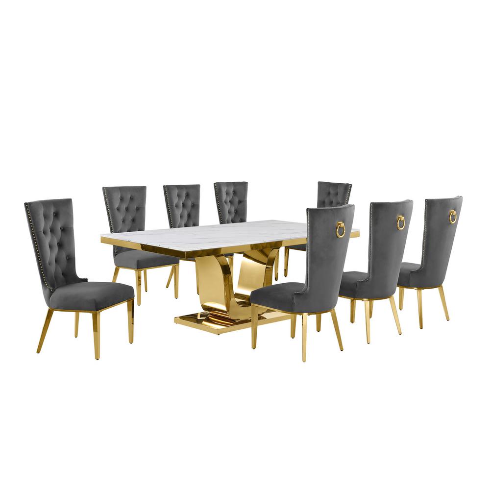 9pc Large(78") marble top dining set with gold base and 8 Dark grey side chairs. Picture 1