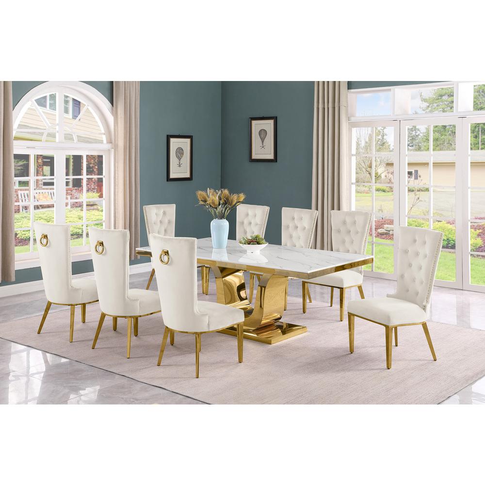 9pc Large(78") marble top dining set with gold base and 8 Cream side chairs. Picture 5