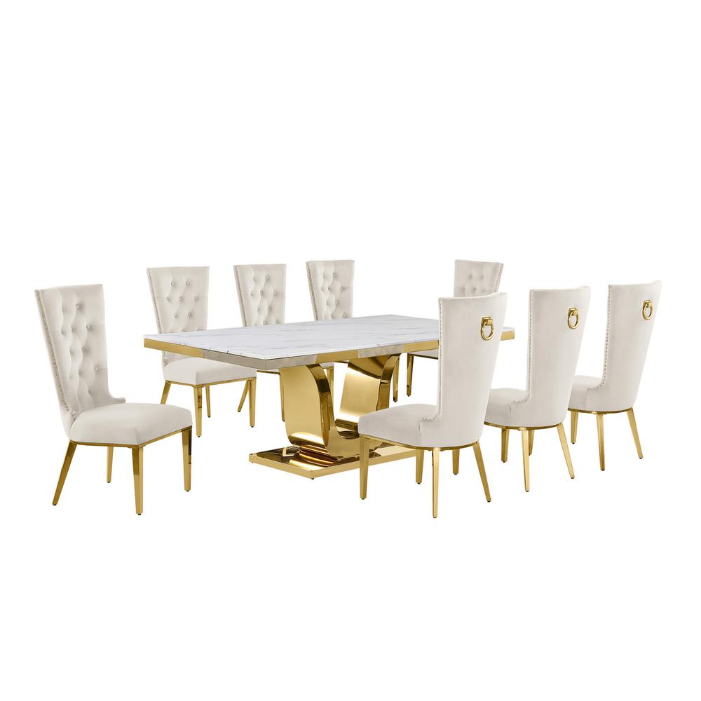 9pc Large(78") marble top dining set with gold base and 8 Cream side chairs. Picture 1