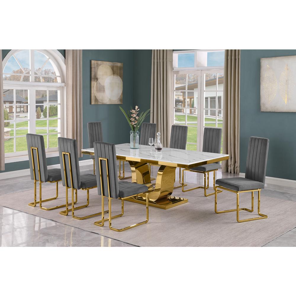 9pc Large(78") marble top dining set with gold base and 8 Dark grey side chairs. Picture 5