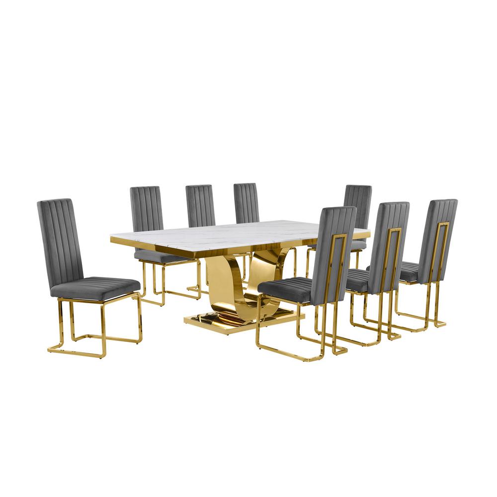 9pc Large(78") marble top dining set with gold base and 8 Dark grey side chairs. Picture 1