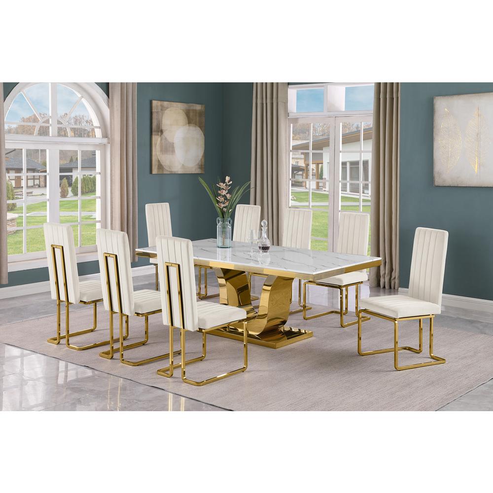 9pc Large(78") marble top dining set with gold base and 8 Cream side chairs. Picture 5