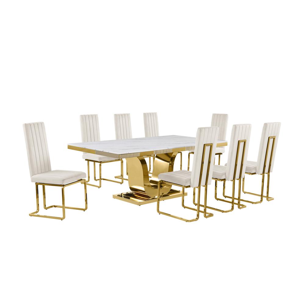 9pc Large(78") marble top dining set with gold base and 8 Cream side chairs. Picture 1