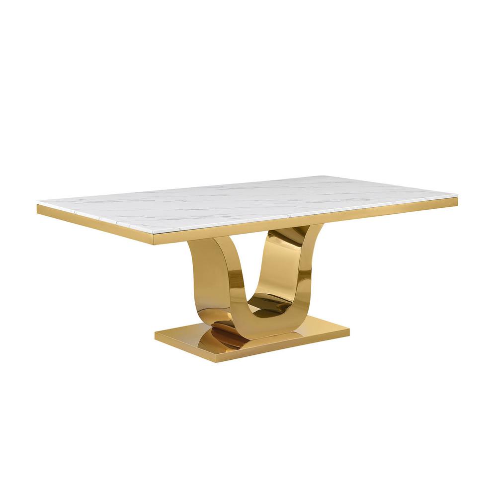 66" Rectangular marble dining table with a gold color stainless steel base. Picture 1