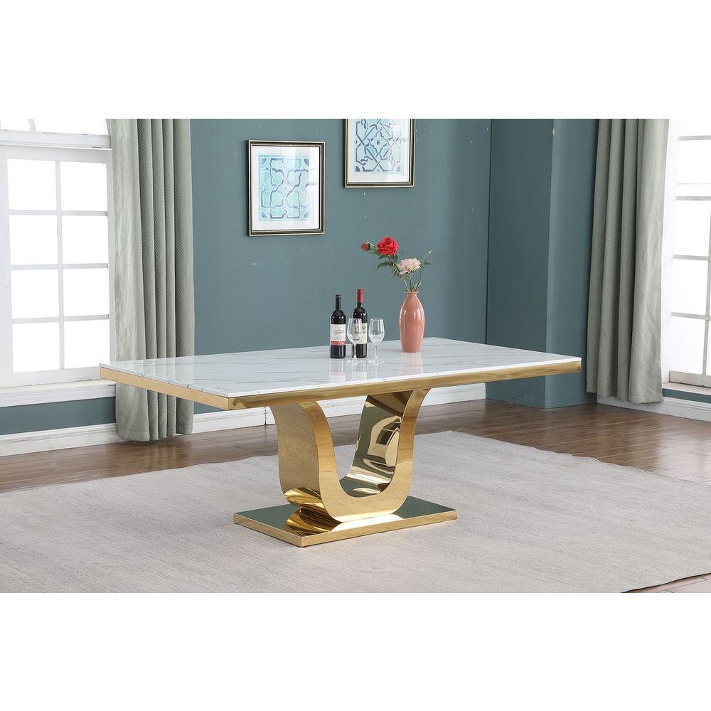 66" Rectangular marble dining table with a gold color stainless steel base. Picture 2
