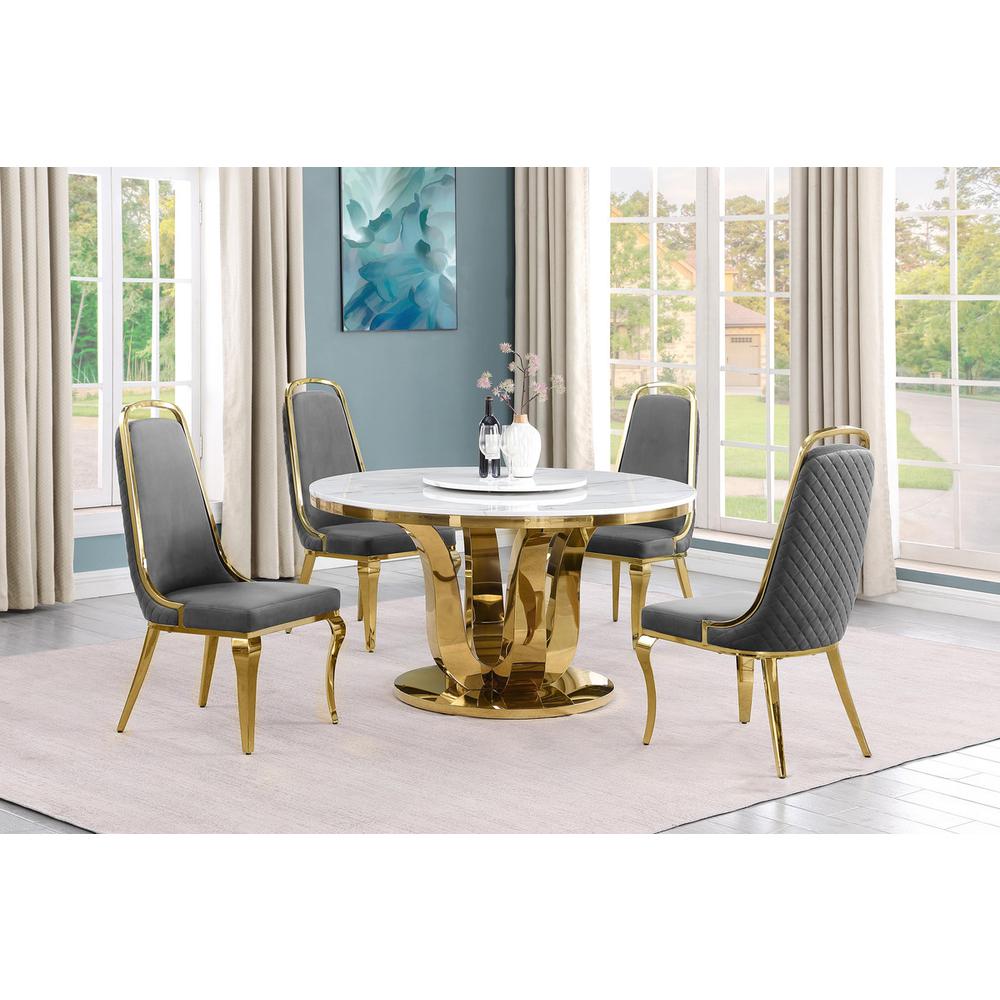 5pc White marble round dining set with gold base and 4 Dark Grey side chairs. Picture 5