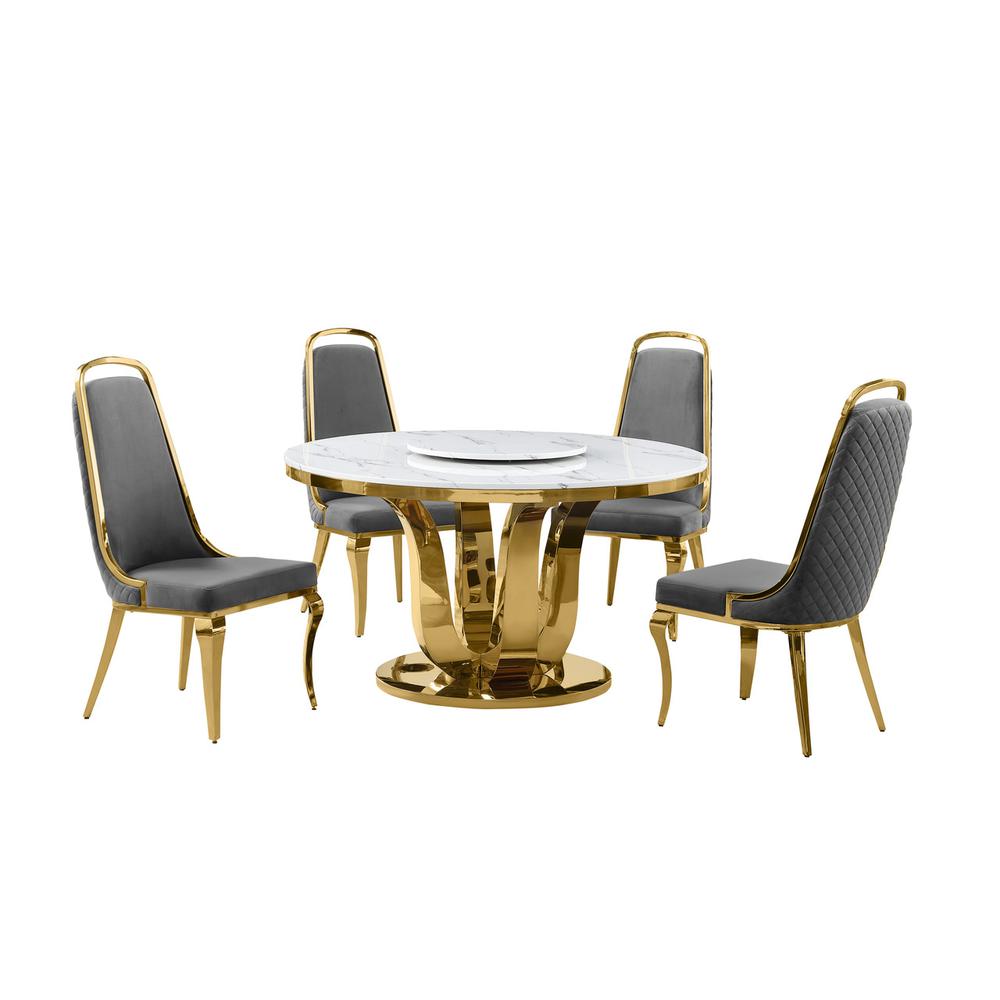 5pc White marble round dining set with gold base and 4 Dark Grey side chairs. Picture 1