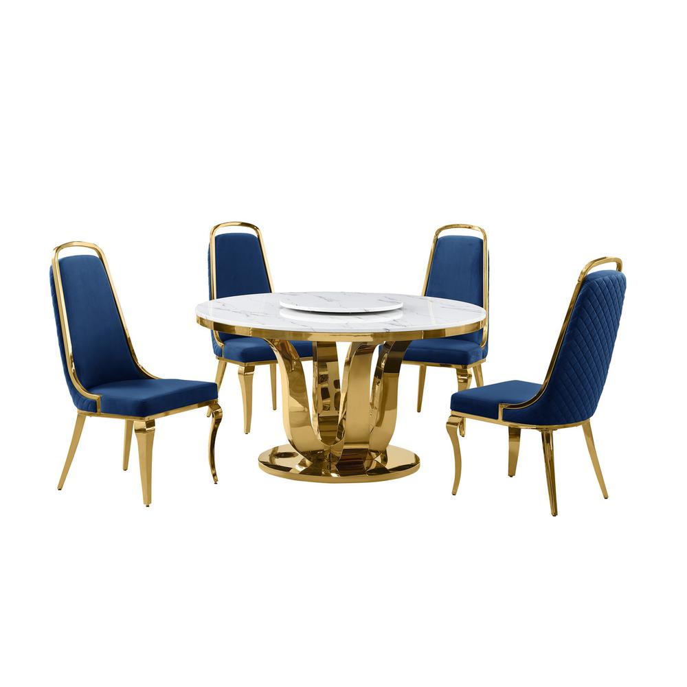 5pc White marble round dining set with gold base and 4 Navy blue side chairs. Picture 1