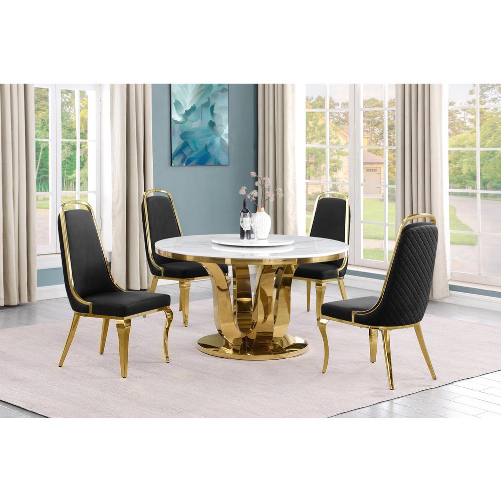5pc White marble round dining set with gold base and 4 Black side chairs. Picture 5