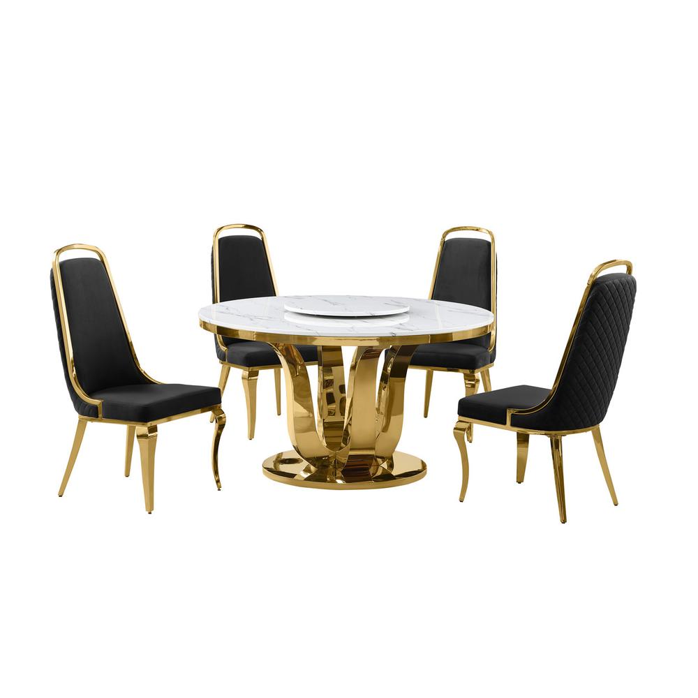 5pc White marble round dining set with gold base and 4 Black side chairs. Picture 1