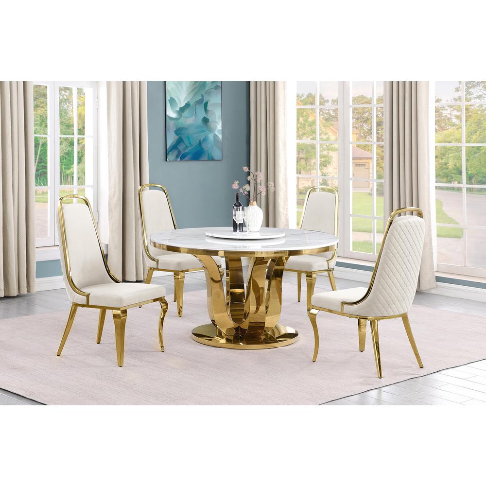 5pc White marble round dining set with gold base and 4 Cream side chairs. Picture 5