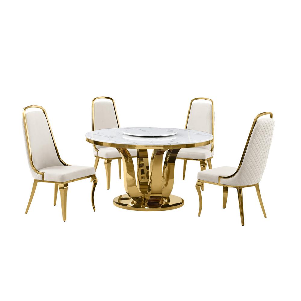 5pc White marble round dining set with gold base and 4 Cream side chairs. Picture 1