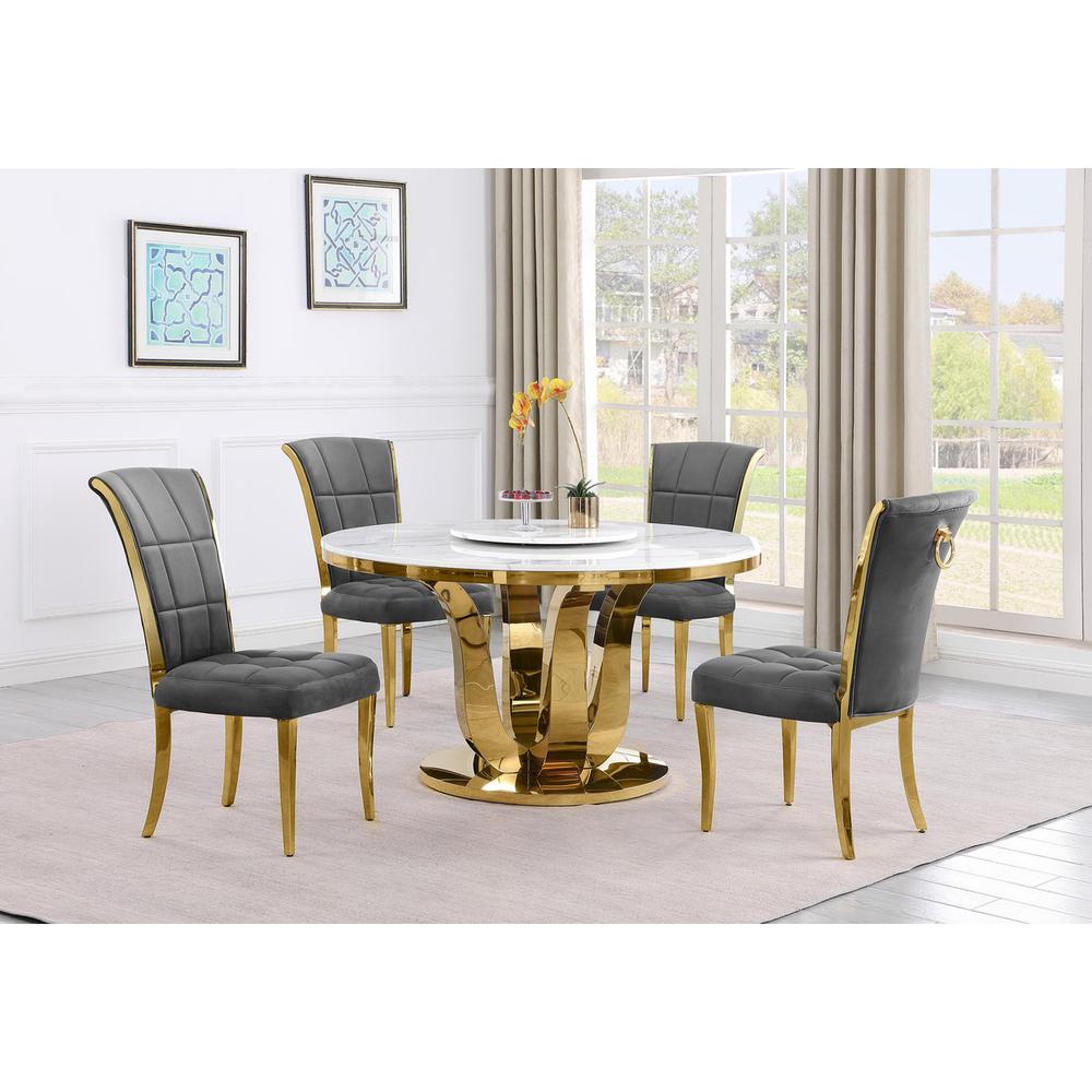 5pc White marble round dining set with gold base and 4 Dark Grey side chairs. Picture 5