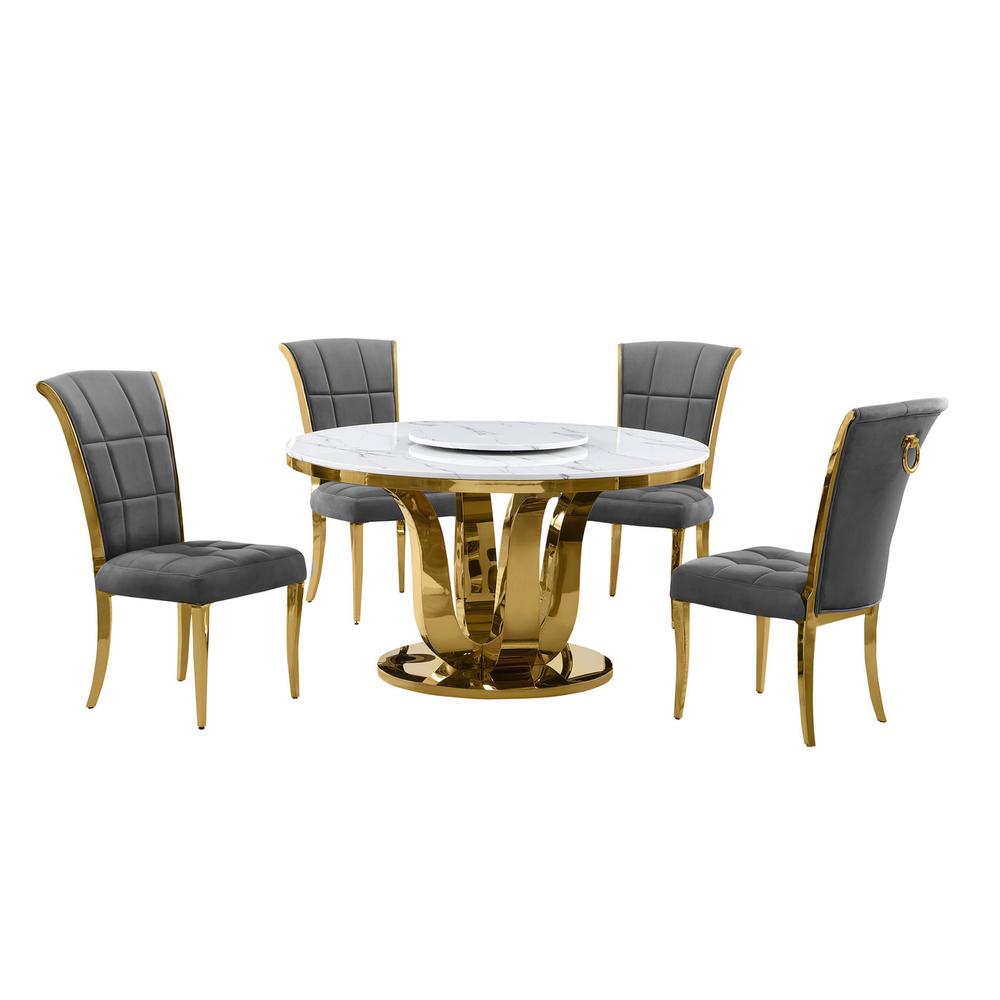 5pc White marble round dining set with gold base and 4 Dark Grey side chairs. Picture 1