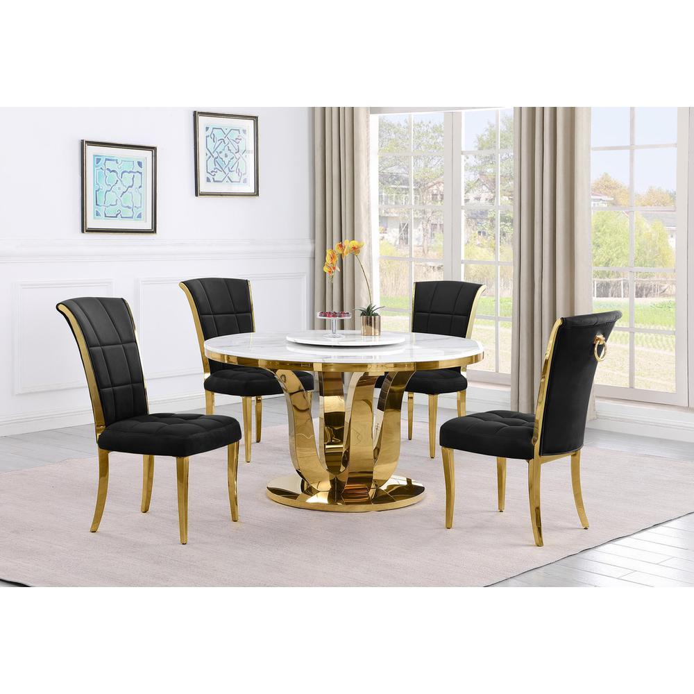 5pc White marble round dining set with gold base and 4 Black side chairs. Picture 5