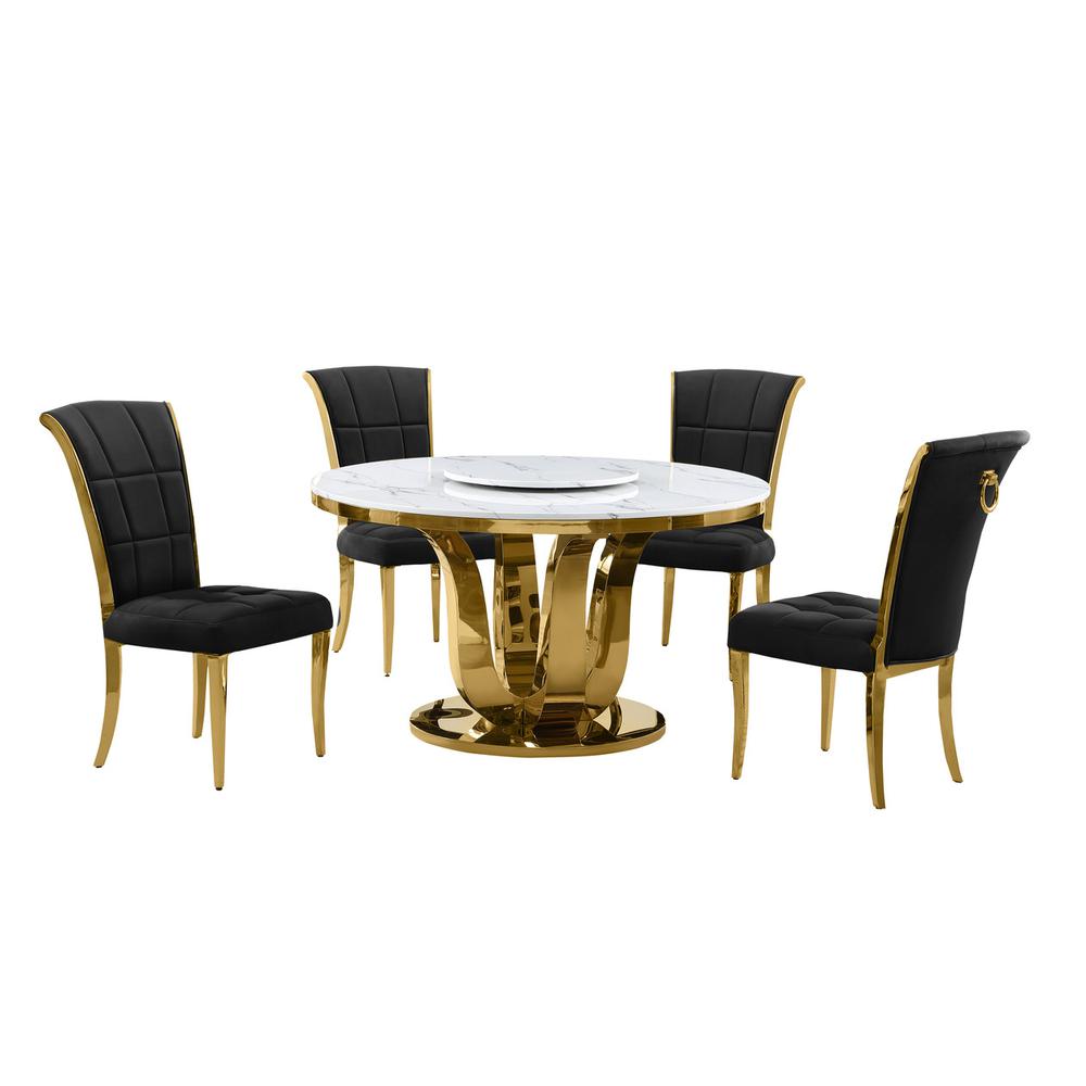 5pc White marble round dining set with gold base and 4 Black side chairs. Picture 1