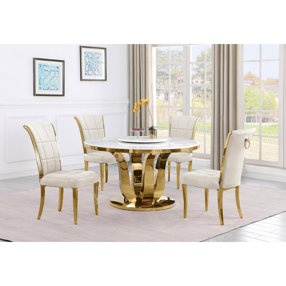 5pc White marble round dining set with gold base and 4 Cream side chairs. Picture 5