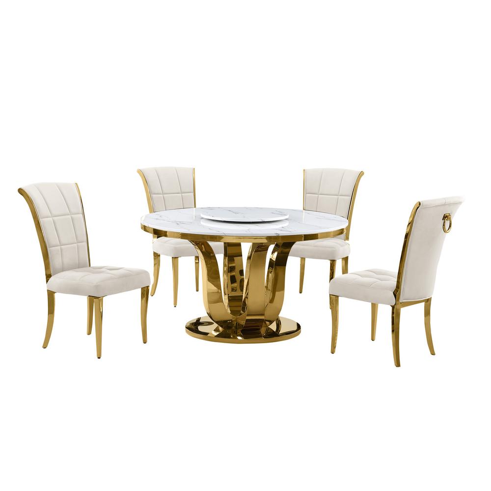 5pc White marble round dining set with gold base and 4 Cream side chairs. Picture 1