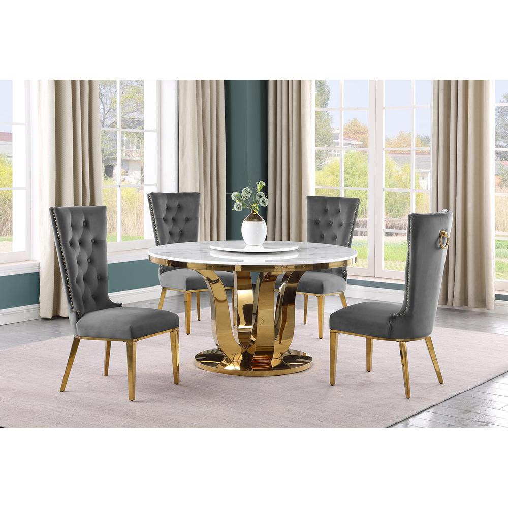 5pc White marble round dining set with gold base and 4 Dark Grey side chairs. Picture 5