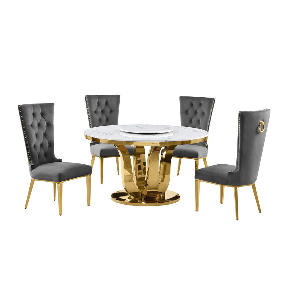 5pc White marble round dining set with gold base and 4 Dark Grey side chairs. Picture 1