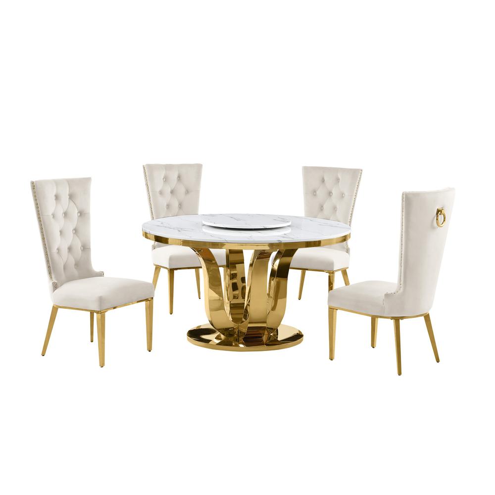 5pc White marble round dining set with gold base and 4 Cream side chairs. Picture 1