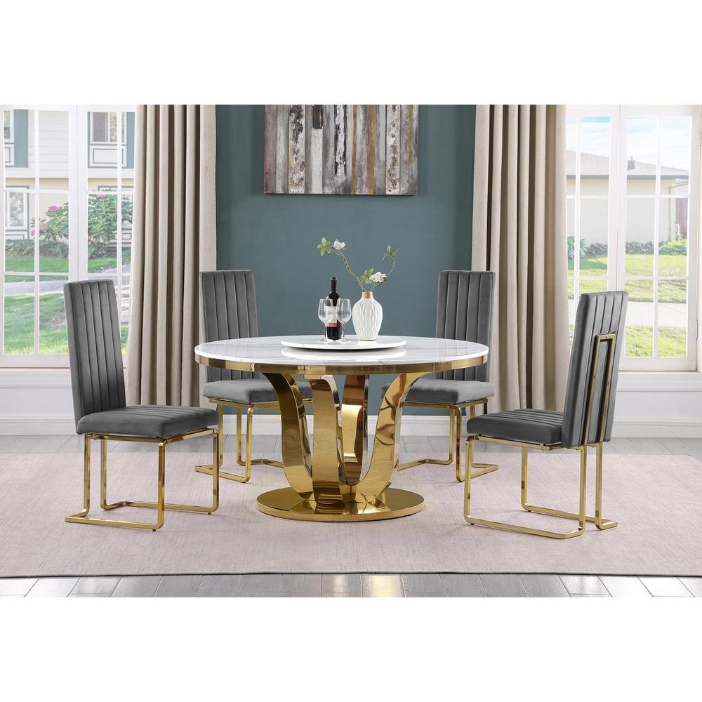 5pc White marble round dining set with gold base and 4 Dark Grey side chairs. Picture 5