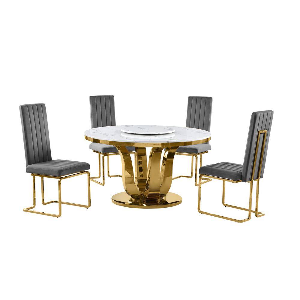 5pc White marble round dining set with gold base and 4 Dark Grey side chairs. Picture 1