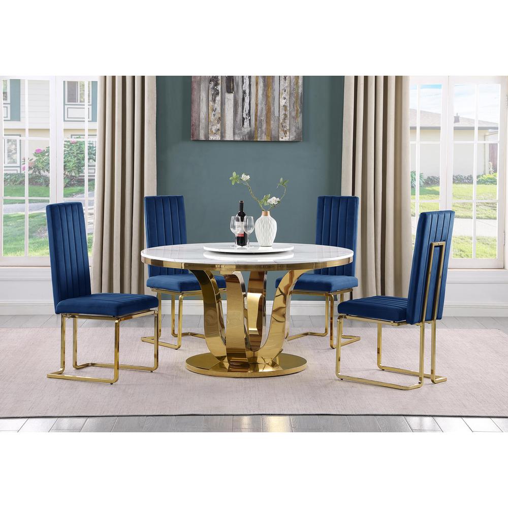 5pc White marble round dining set with gold base and 4 Navy blue side chairs. Picture 5