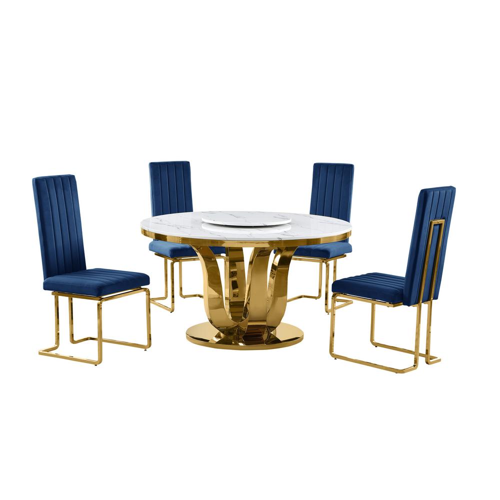 5pc White marble round dining set with gold base and 4 Navy blue side chairs. Picture 1