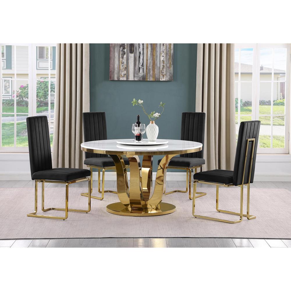 5pc White marble round dining set with gold base and 4 Black side chairs. Picture 5