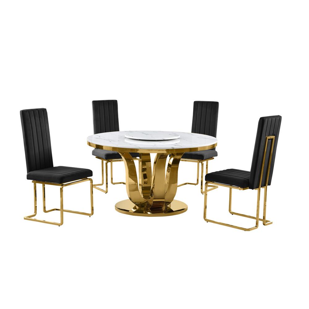 5pc White marble round dining set with gold base and 4 Black side chairs. Picture 1
