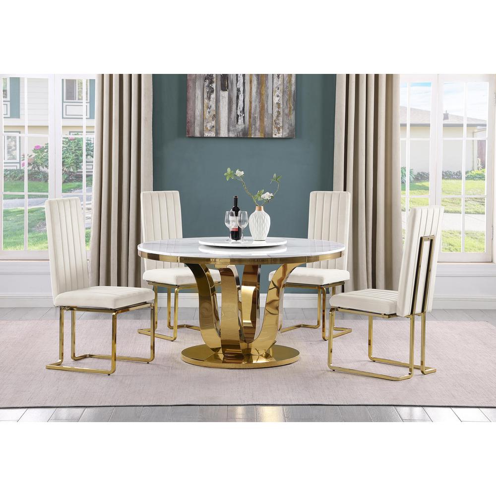 5pc White marble round dining set with gold base and 4 Cream side chairs. Picture 5
