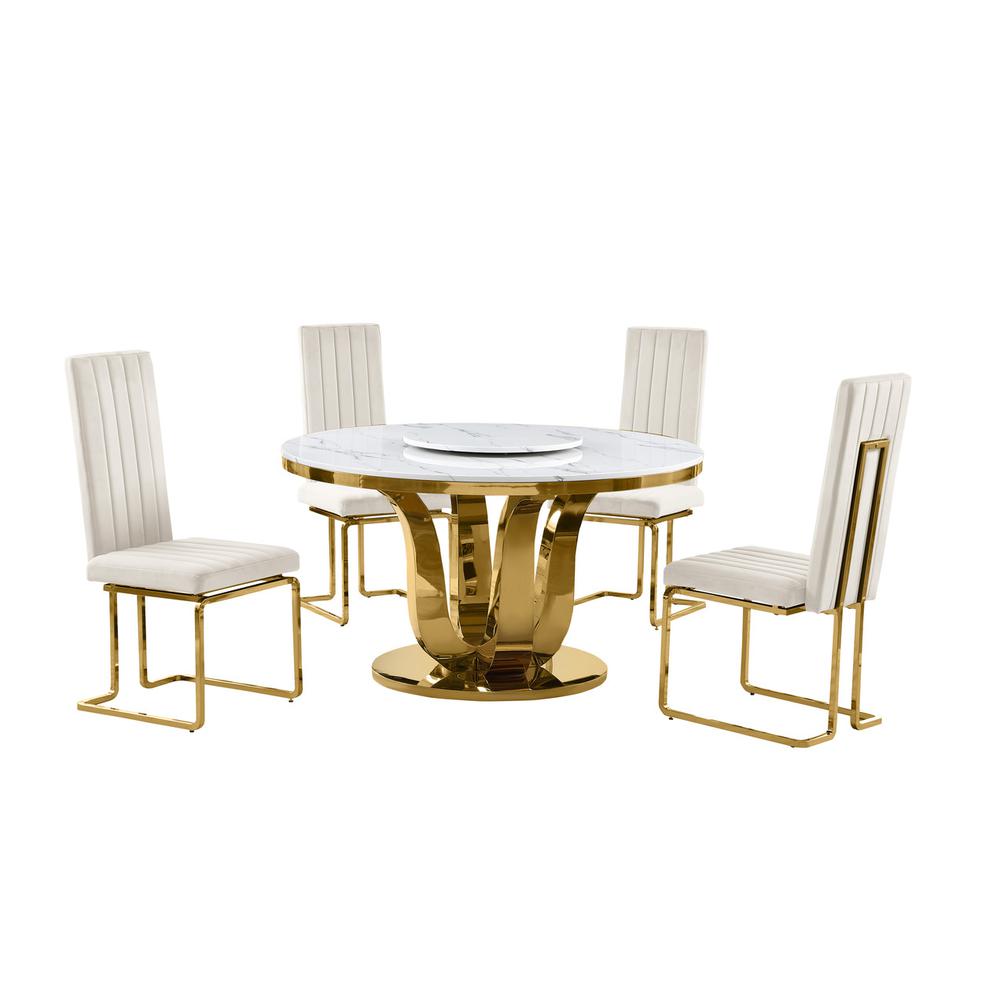 5pc White marble round dining set with gold base and 4 Cream side chairs. Picture 1