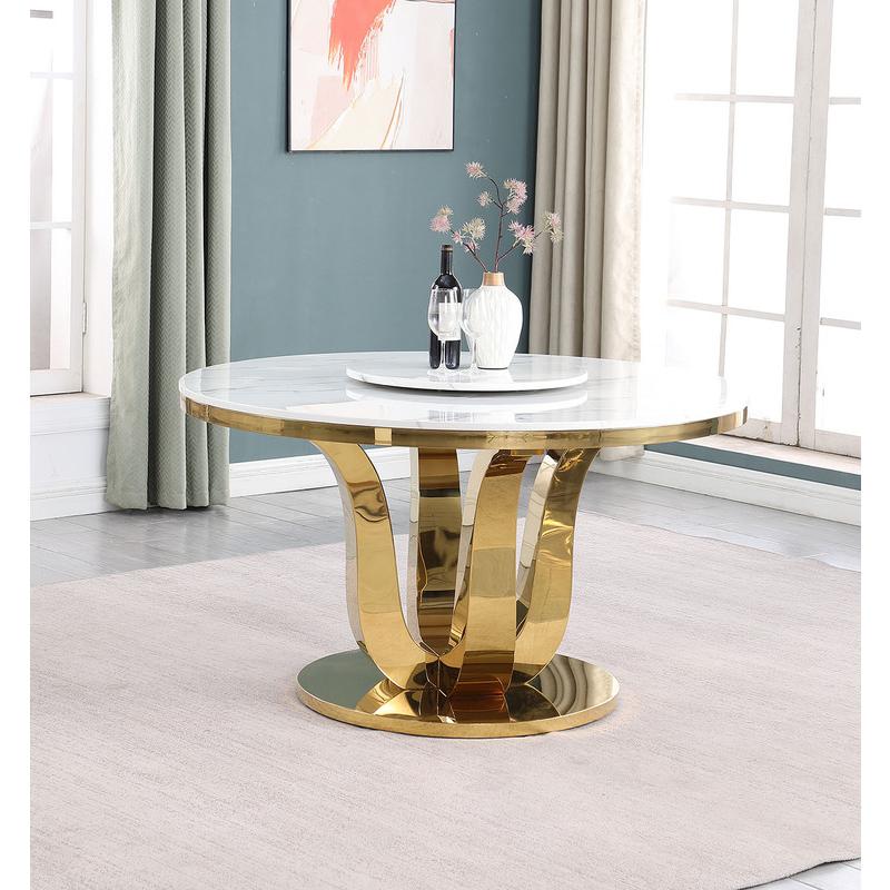 Round white marble top with a lazy susan and gold stainless steel color base. Picture 4