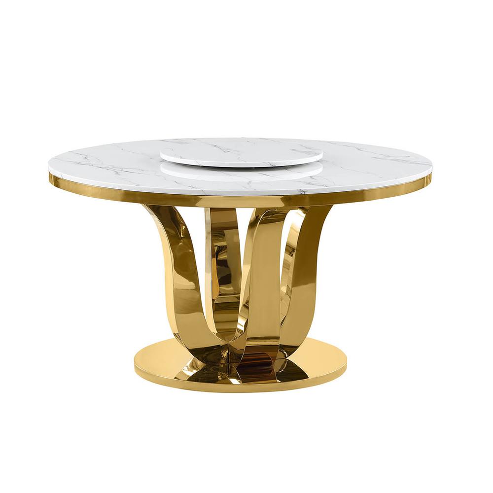 Round white marble top with a lazy susan and gold stainless steel color base. Picture 1