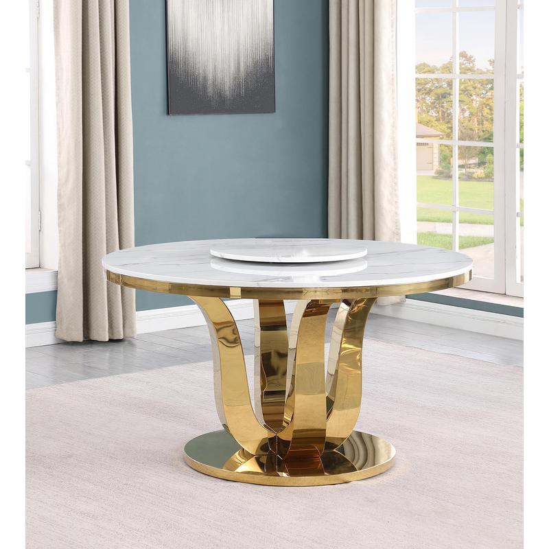 Round white marble top with a lazy susan and gold stainless steel color base. Picture 3