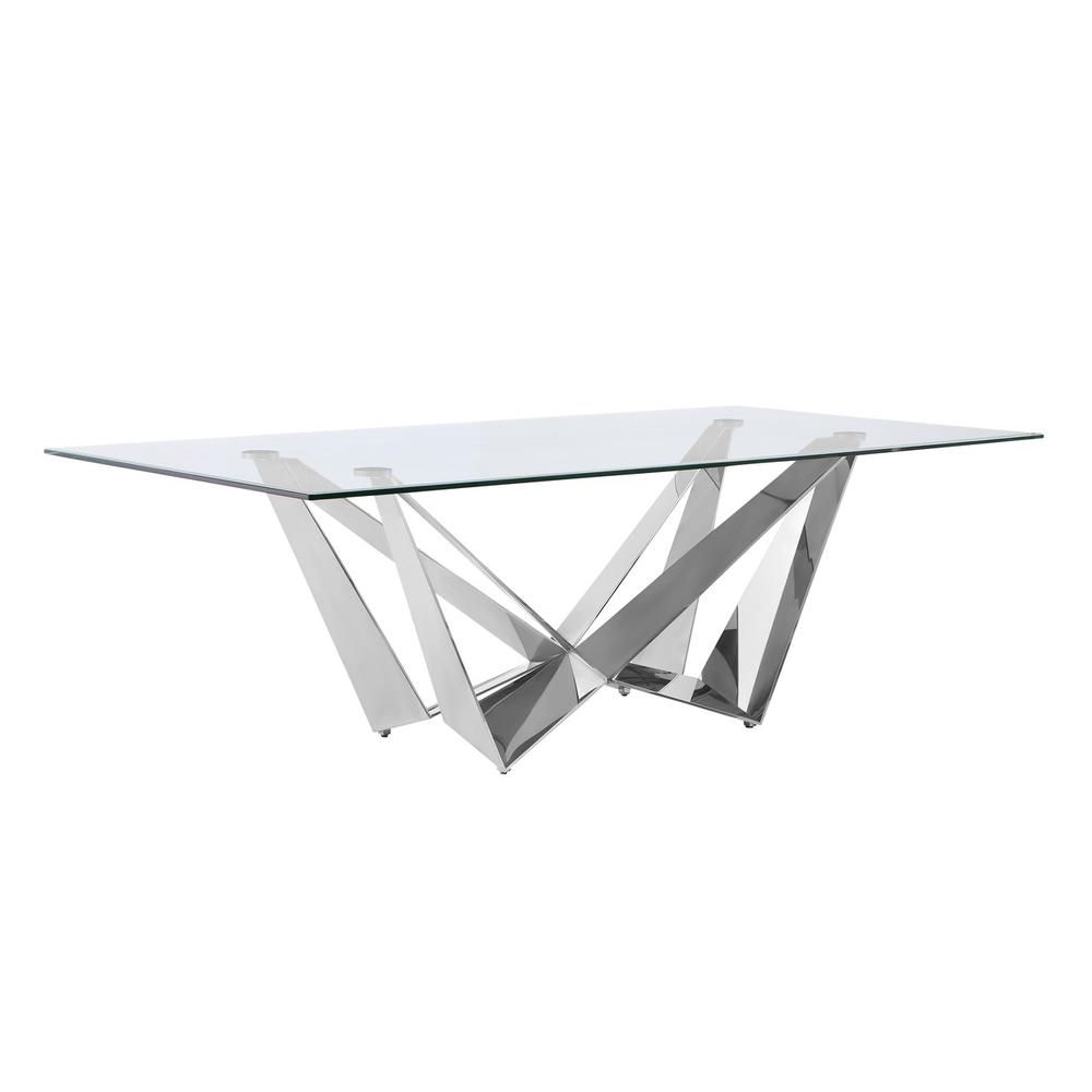 Large 94" Rectangular glass dining table with a silver stainless steel base. Picture 1