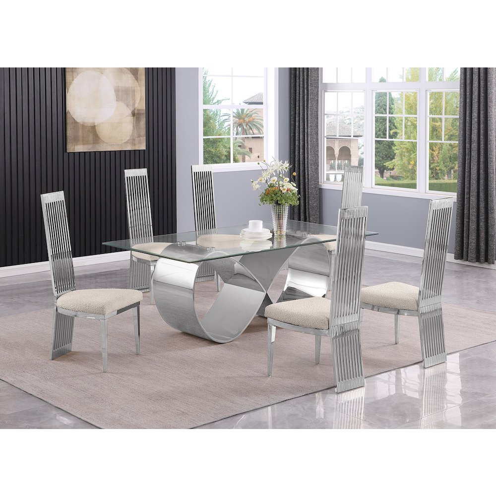 7Pc Tempered Glass Dining Set With 6 Cream Boucle Fabric Side Chairs. Picture 7