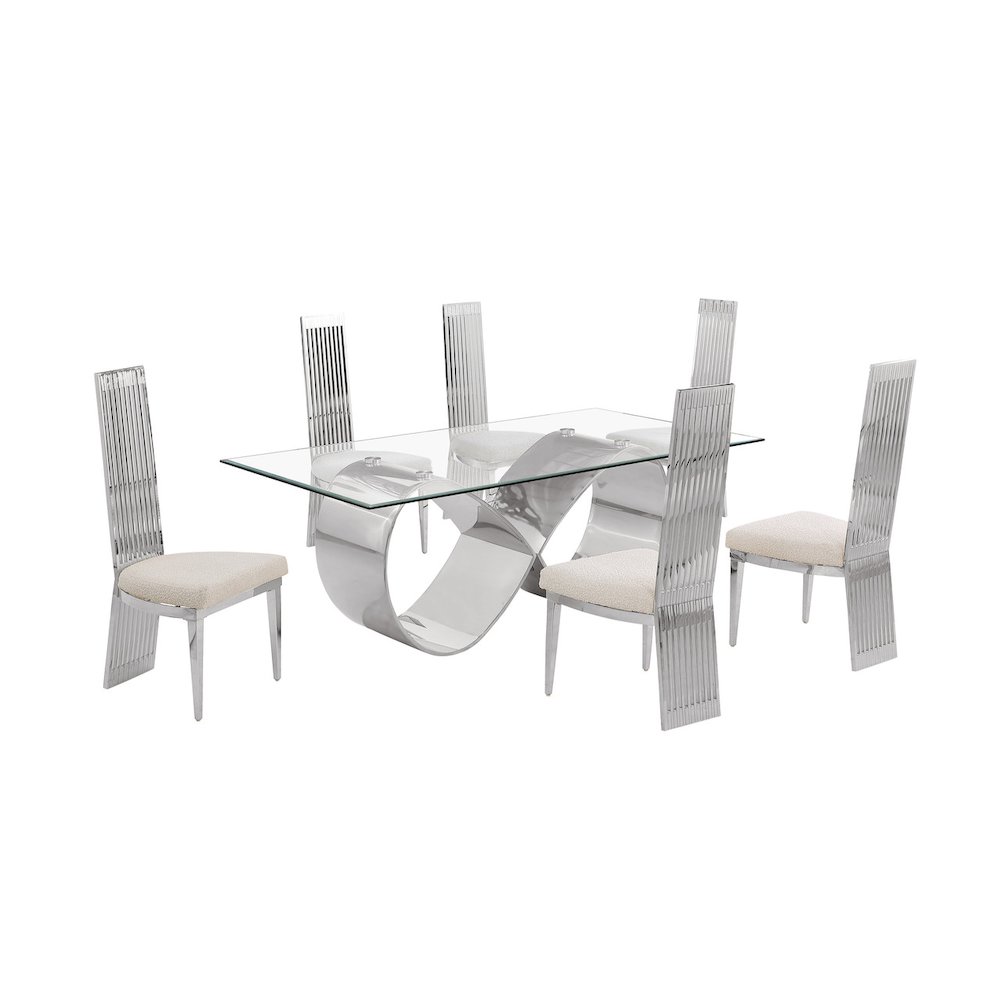 7Pc Tempered Glass Dining Set With 6 Cream Boucle Fabric Side Chairs. Picture 1