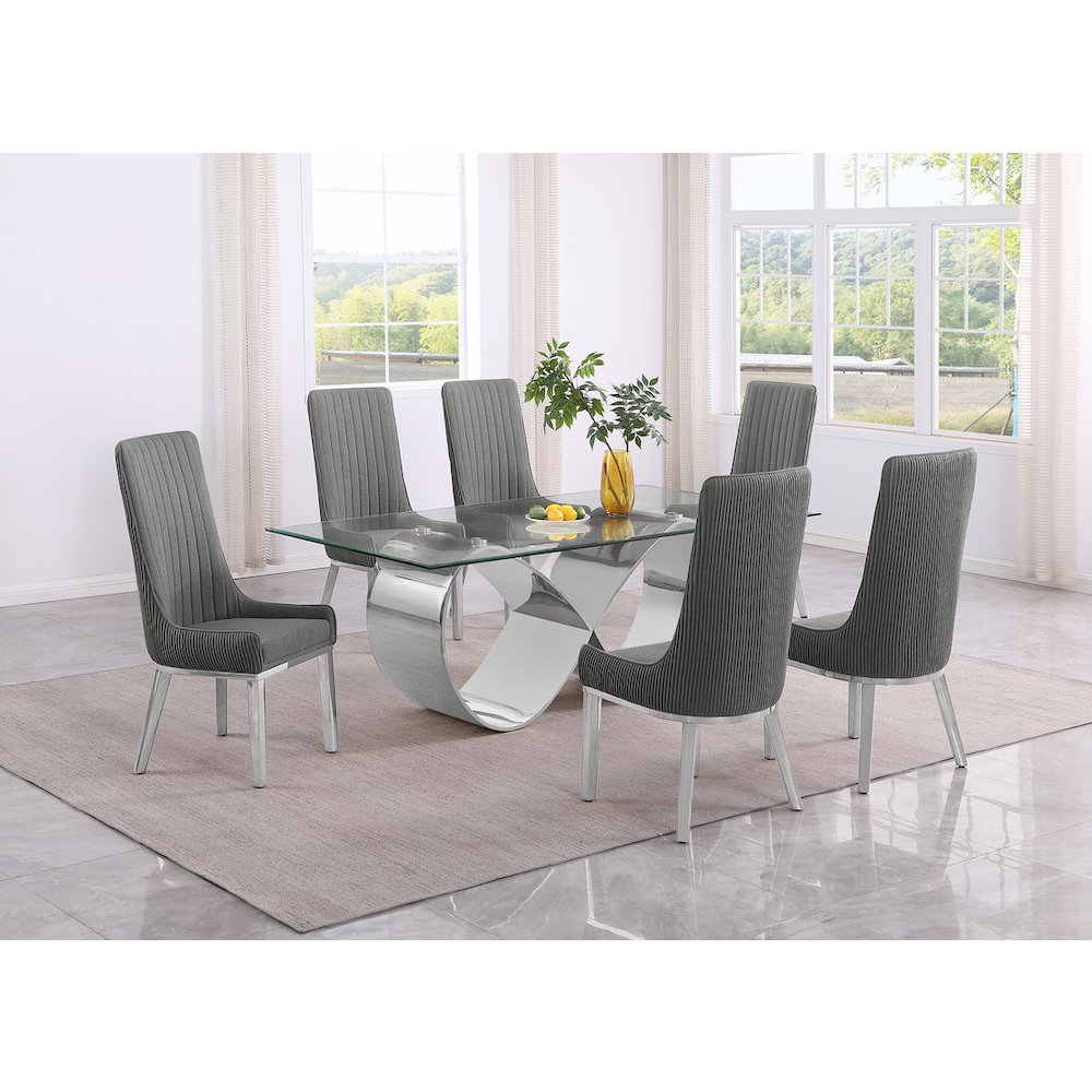 7Pc Tempered Glass Dining Set 6 Rich Gray Boucle Side Chairs And A Silver Base. Picture 7