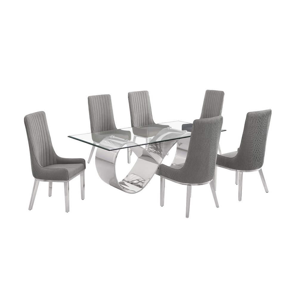 7Pc Tempered Glass Dining Set 6 Rich Gray Boucle Side Chairs And A Silver Base. Picture 1