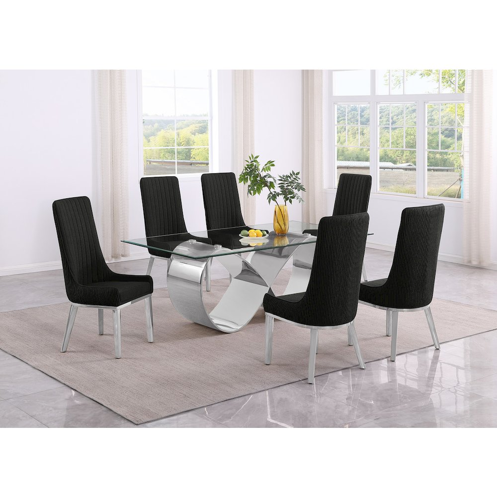 7Pc Tempered Glass Dining Set With 6 Black Boucle Side Chairs And A Silver Base. Picture 6