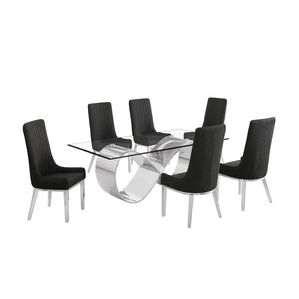 7Pc Tempered Glass Dining Set With 6 Black Boucle Side Chairs And A Silver Base. Picture 1