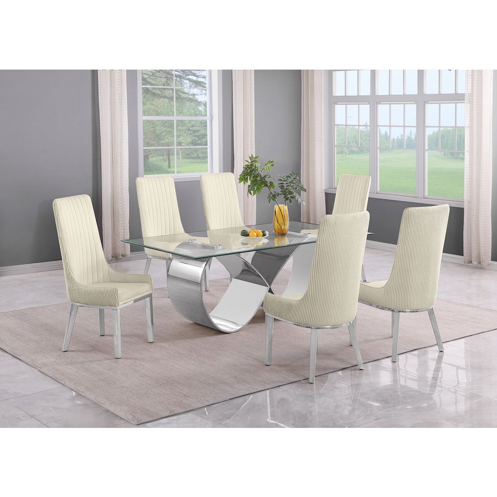 7Pc Tempered Glass Dining Set With 6 Cream Boucle Side Chairs And A Silver Base. Picture 6